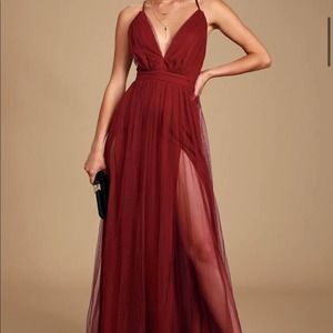 Lulus Maniju Rare Beauty Burgundy Tulle Backless Maxi Dress